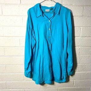 Chicos 3 Linen Vintage Button Up Long Shirt Blouse Longsleeve Turquoise Bright